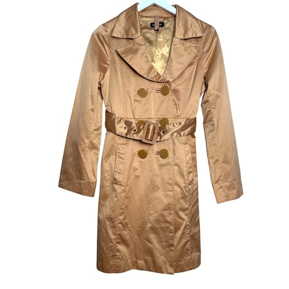 bebe Jackets & Blazers - Vintage Y2K Bebe Womens Metallic Bronze Satin Trench Coat Belted Jacket S